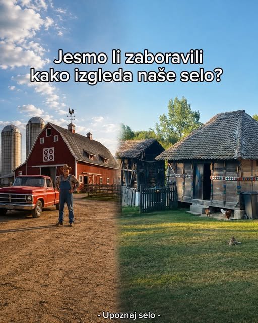 Podeljena slika: američka farma sa crvenom štalom naspram srpskog seoskog imanja sa vajatima